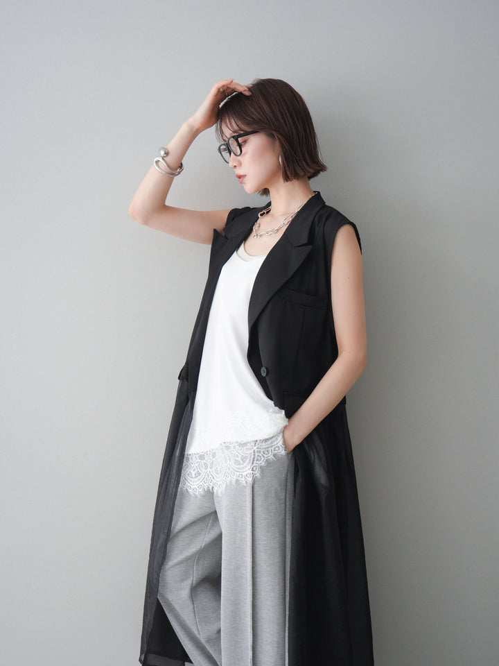 [SET]シアーレイヤードテーラードロングジレ+レーストリムキャミソール+2WAYデザインスウェットパンツ(3set)