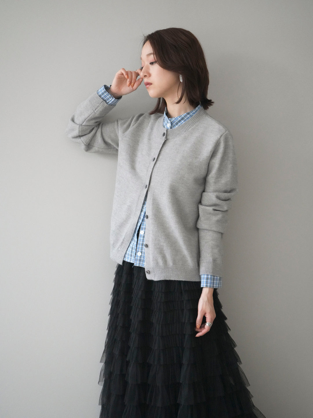 [予約]チェックシャツレイヤードデザインニットカーディガン/gray