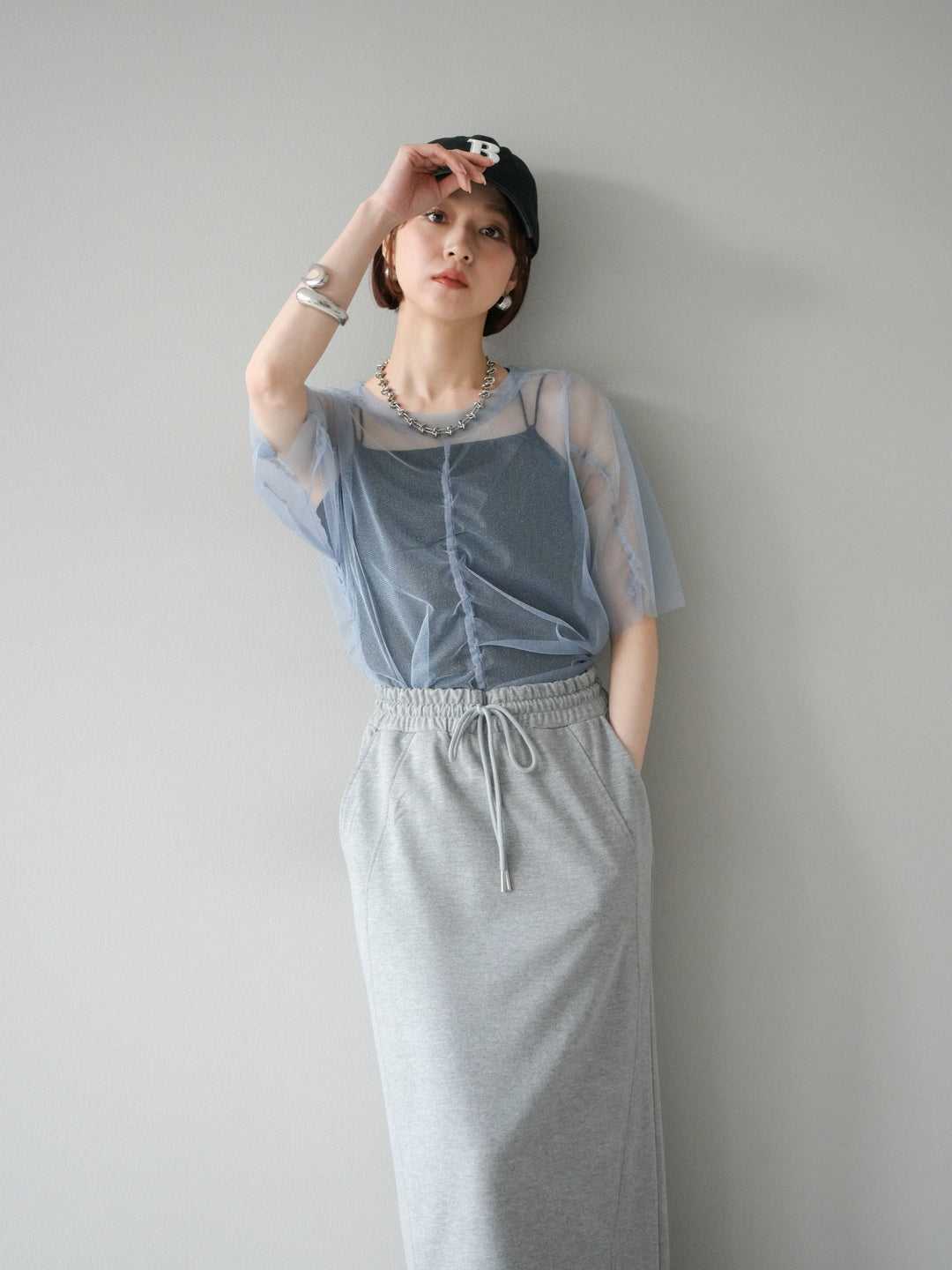 [SET]ラメチュールシャーリングプルオーバー+スウェットロングスカート(2set)