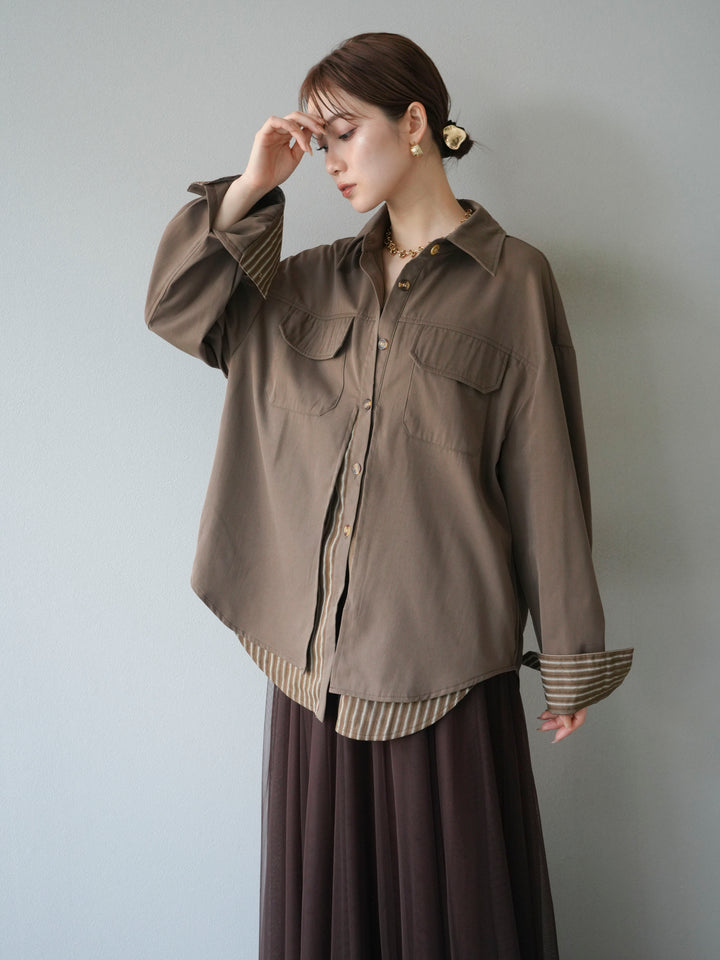 [予約]ストライプレイヤードシャツ/ブラウン