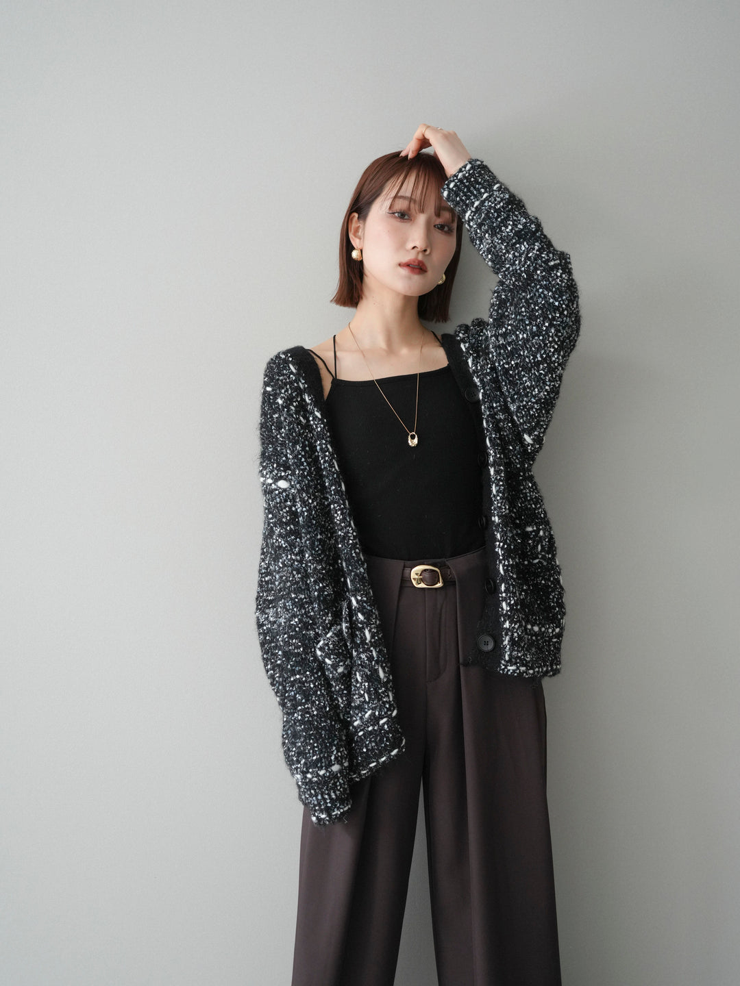 [SET]ブークレハンドステッチニットカーディガン+ベルトループデザインワイドパンツ(2set)