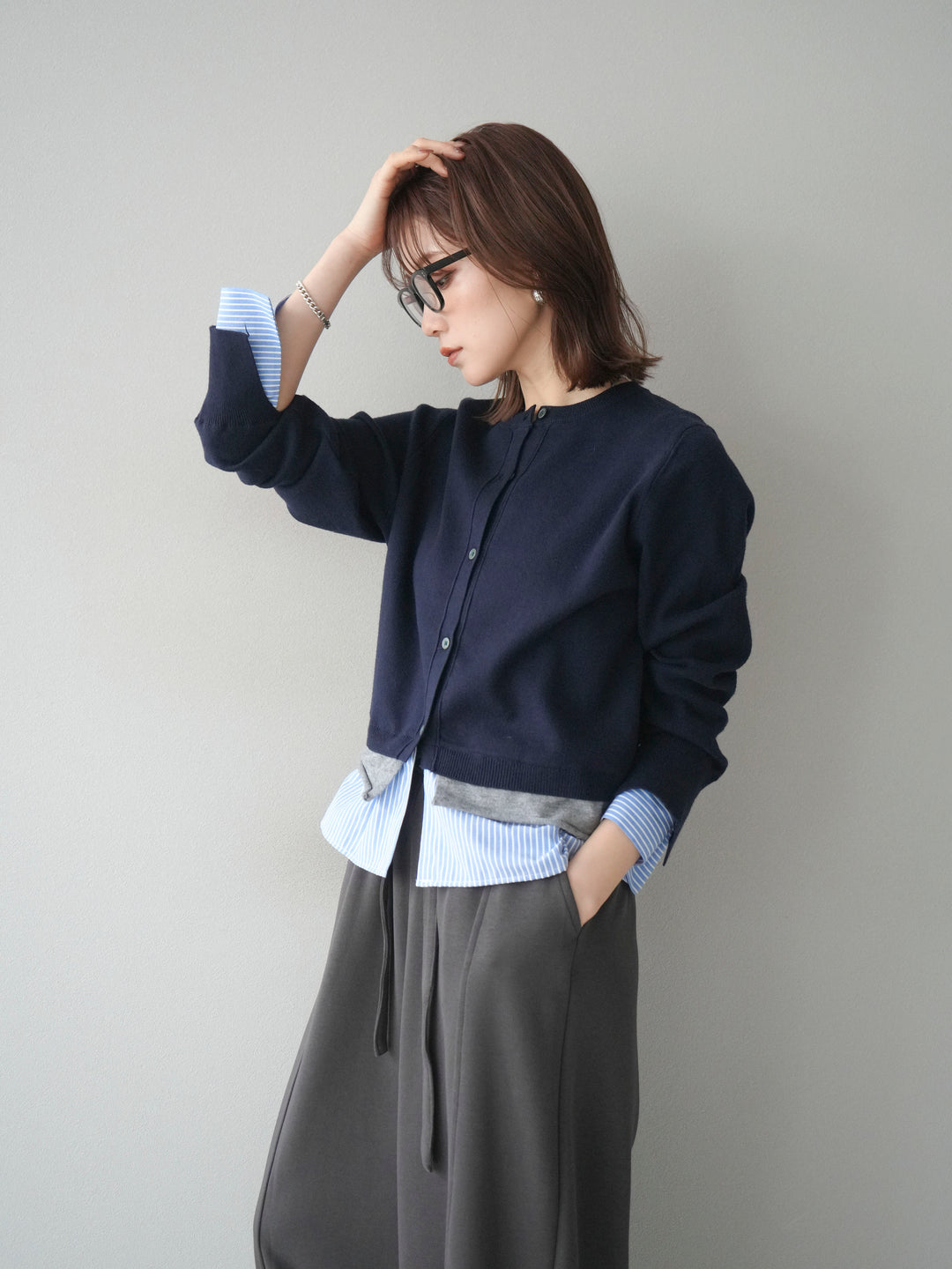 [予約]シャツ襟レイヤードニットカーディガン/navy