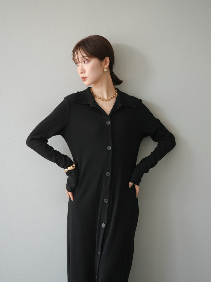 [予約]襟付きカットリブボタンワンピース/ブラック
