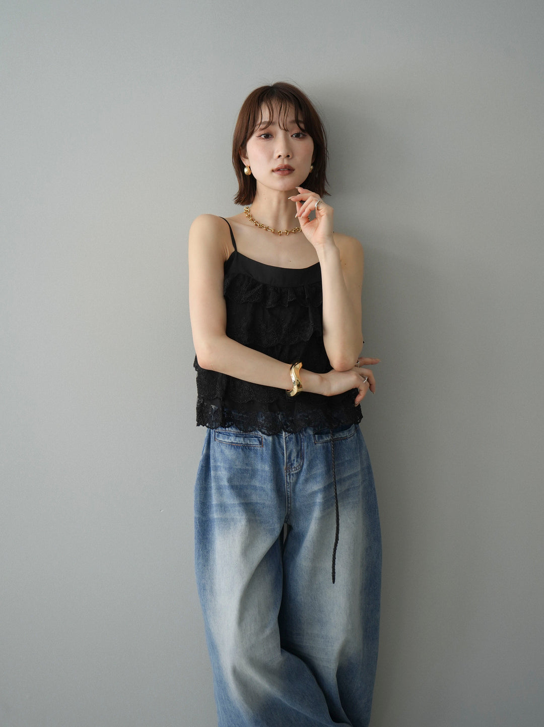 [SET]スカラップレースフリルキャミソール+フロントポケットサイドタックワイドデニム(2set)