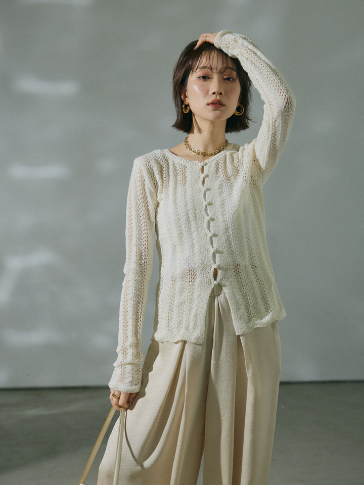 [予約]透かし編みニットカーディガントップス/ivory