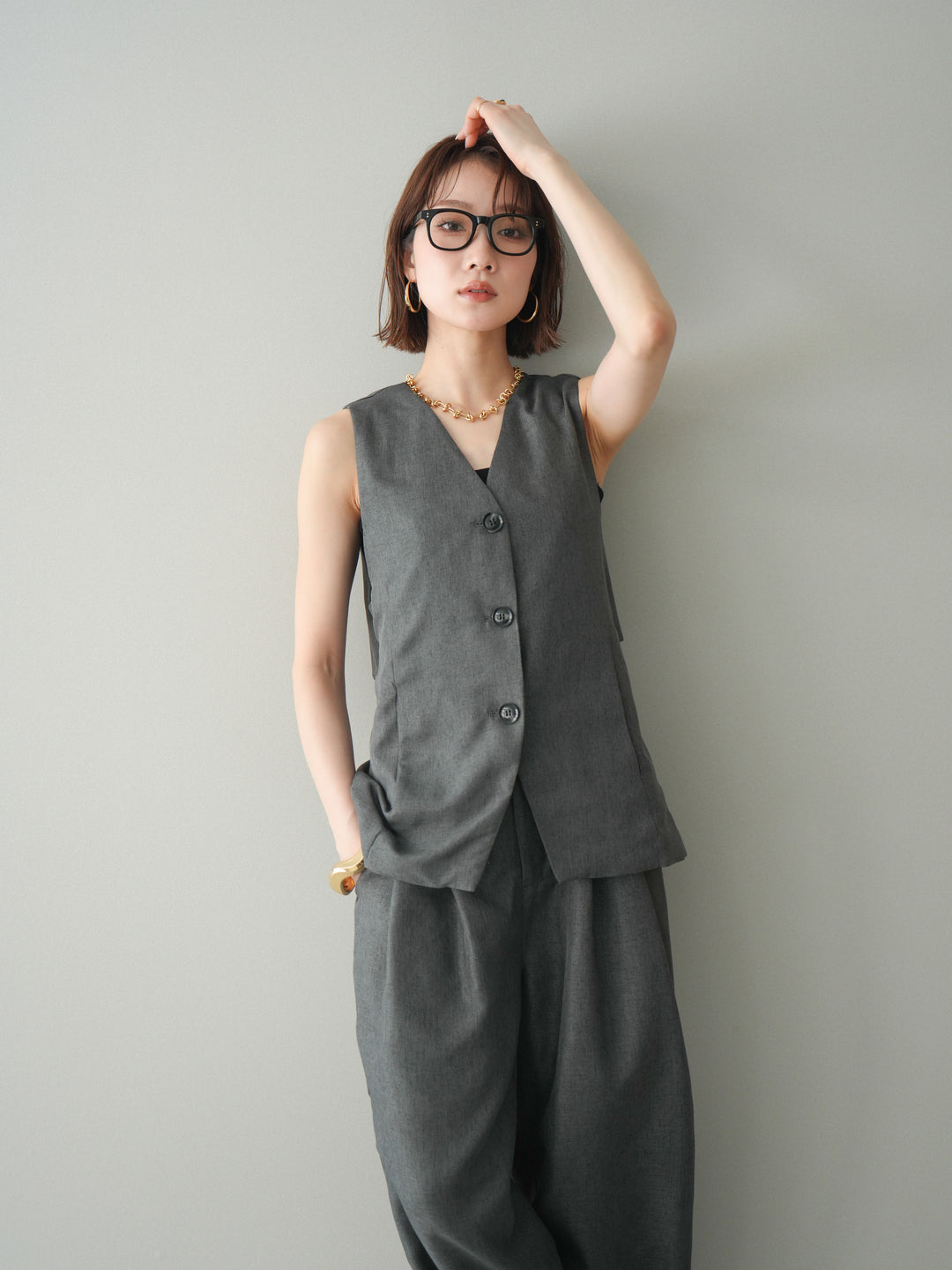 [SET]リネンライクバックオープンジレ+リネンライクタックワイドパンツ(2set)