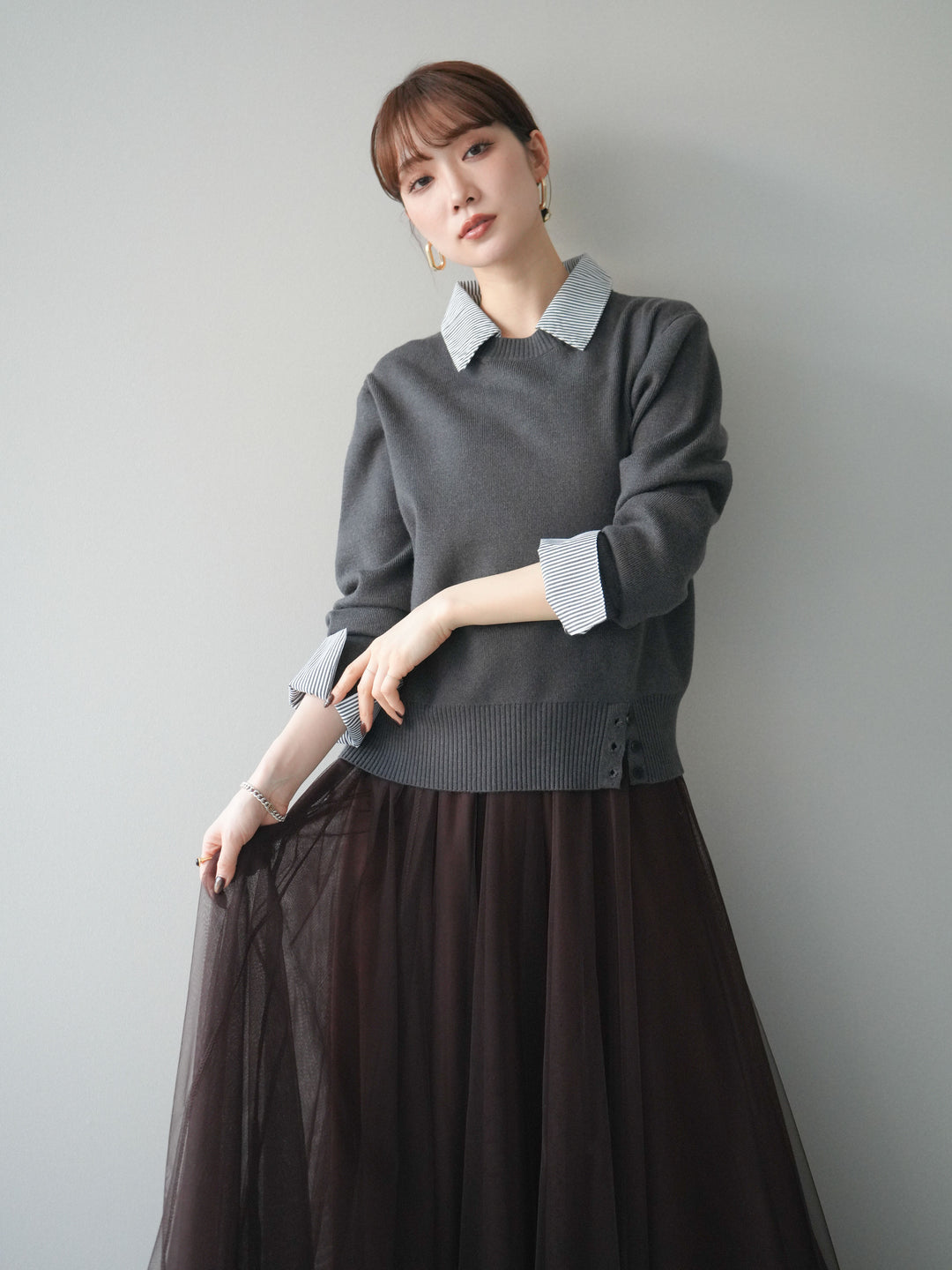 [予約]シャツドッキングデザイン裾ボタンニットプルオーバー/gray