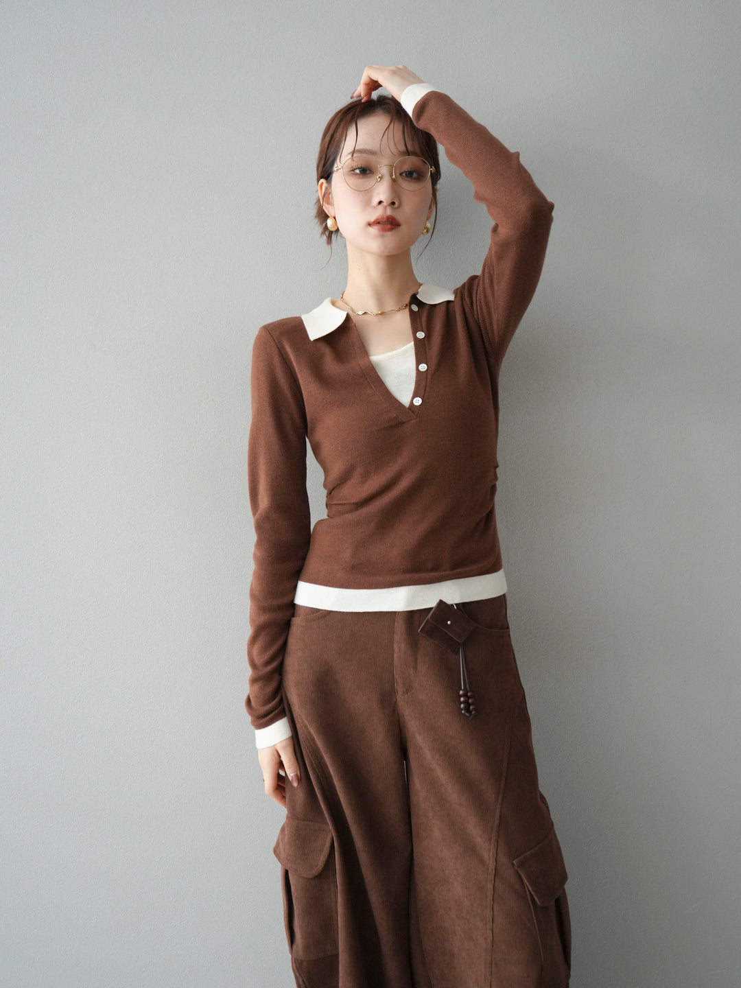 [予約]レイヤード配色ポロニットトップス/brown
