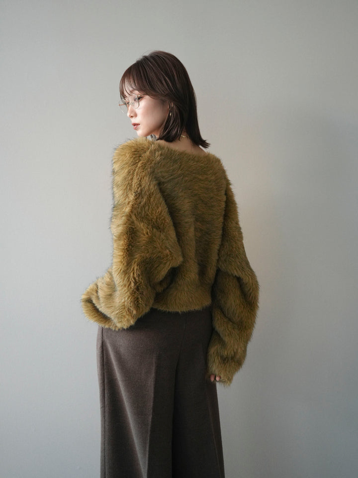 [予約]ミックスシャギーショートニットカーディガン/green