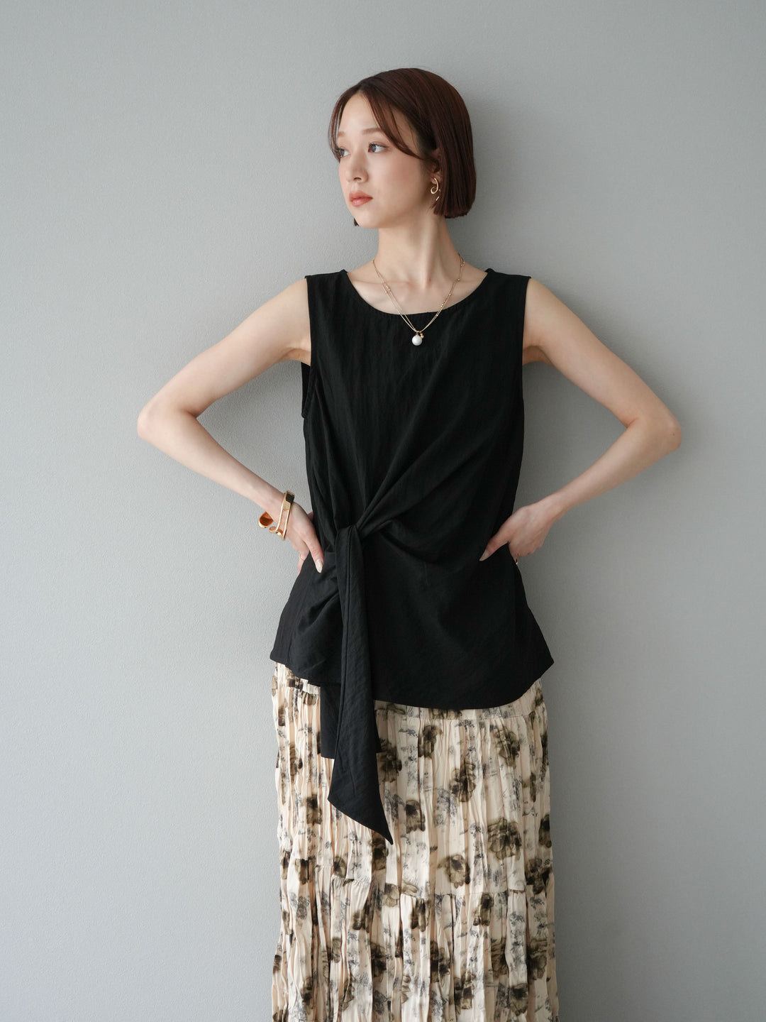 [SET]フロント巻きノースリーブブラウス+フラワーワッシャーロングスカート(2set)