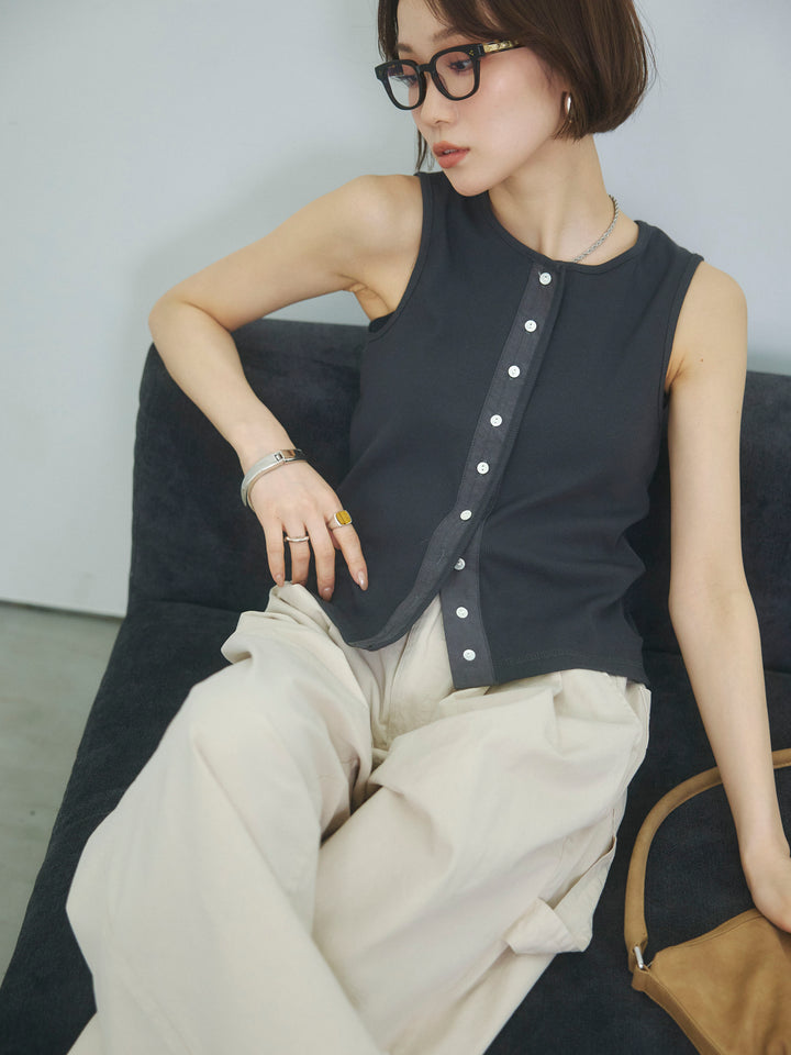 【Allure】[SET]フロントボタンテレコリブタンクトップ+カットオフコットンツイルタックワイドパンツ(2set)