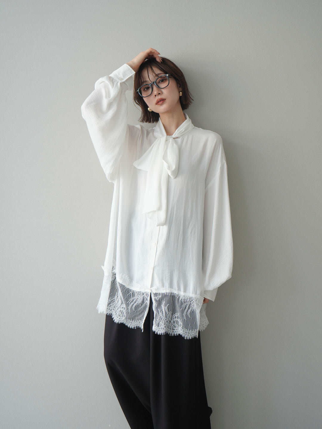 [予約]レースヘムボウタイブラウス/white