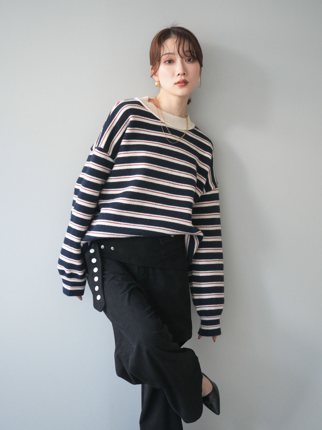 [予約]モックネックボーダーニットプルオーバー/navy