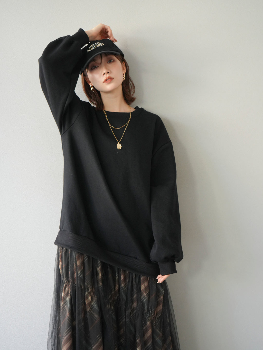 [予約]スウェットドッキングチェック柄レイヤードワンピース/ブラック