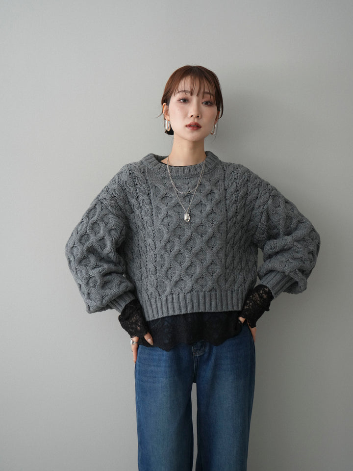 【着回しセット】[SET]バルキーケーブルクロップドニットプルオーバー+アンゴラタッチクルーネックニットプルオーバー+チュールレーストップス(3set)