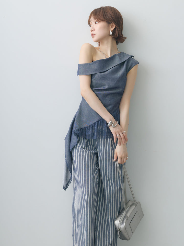[SET]アシンメトリーラッフルレースヘムトップス+エプロン巻ストライプワイドパンツ(2set)