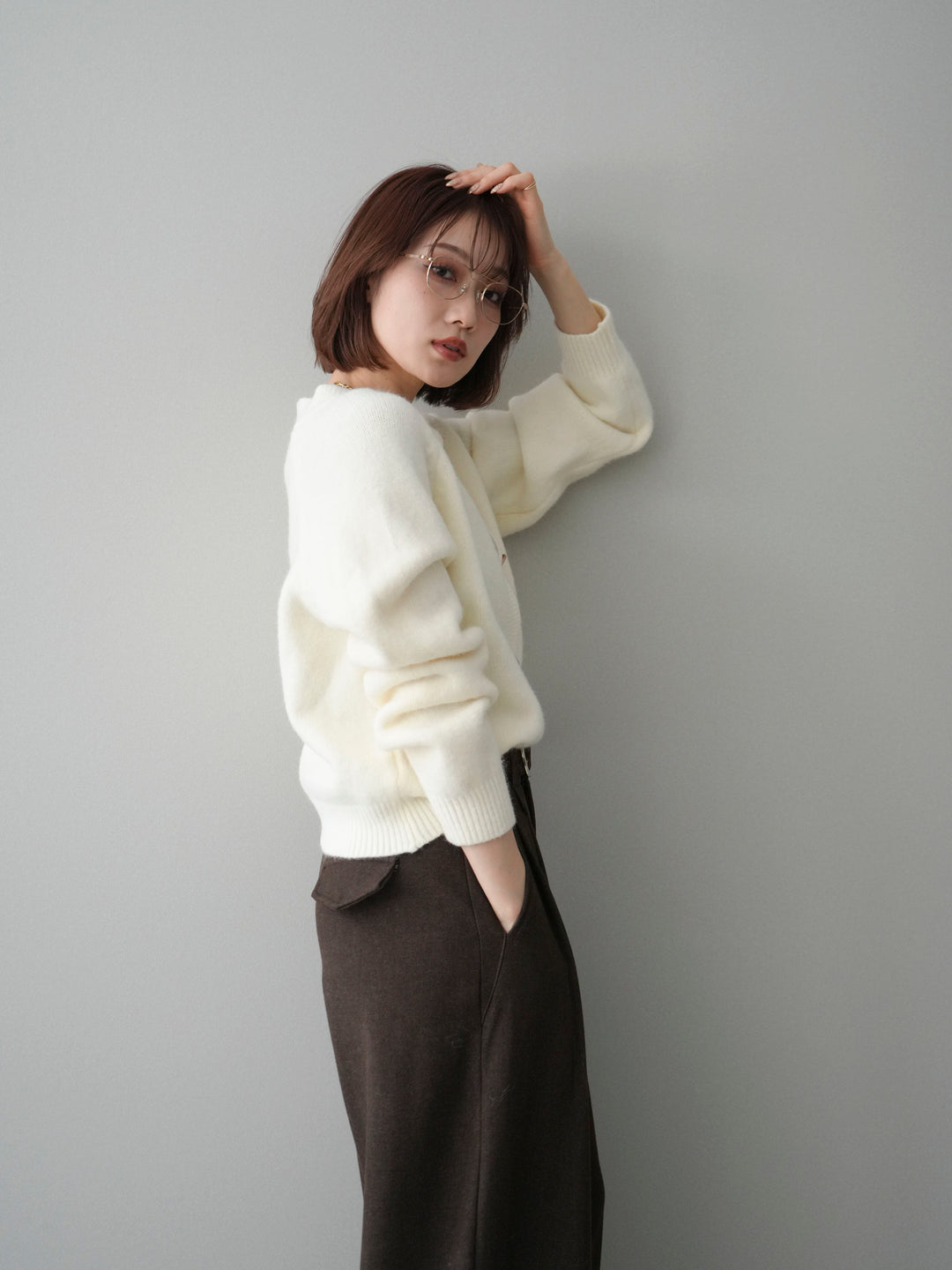 [SET]BIGボタンニットカーディガン+アニマル柄ベルト付きウールタッチワイドパンツ(2set)