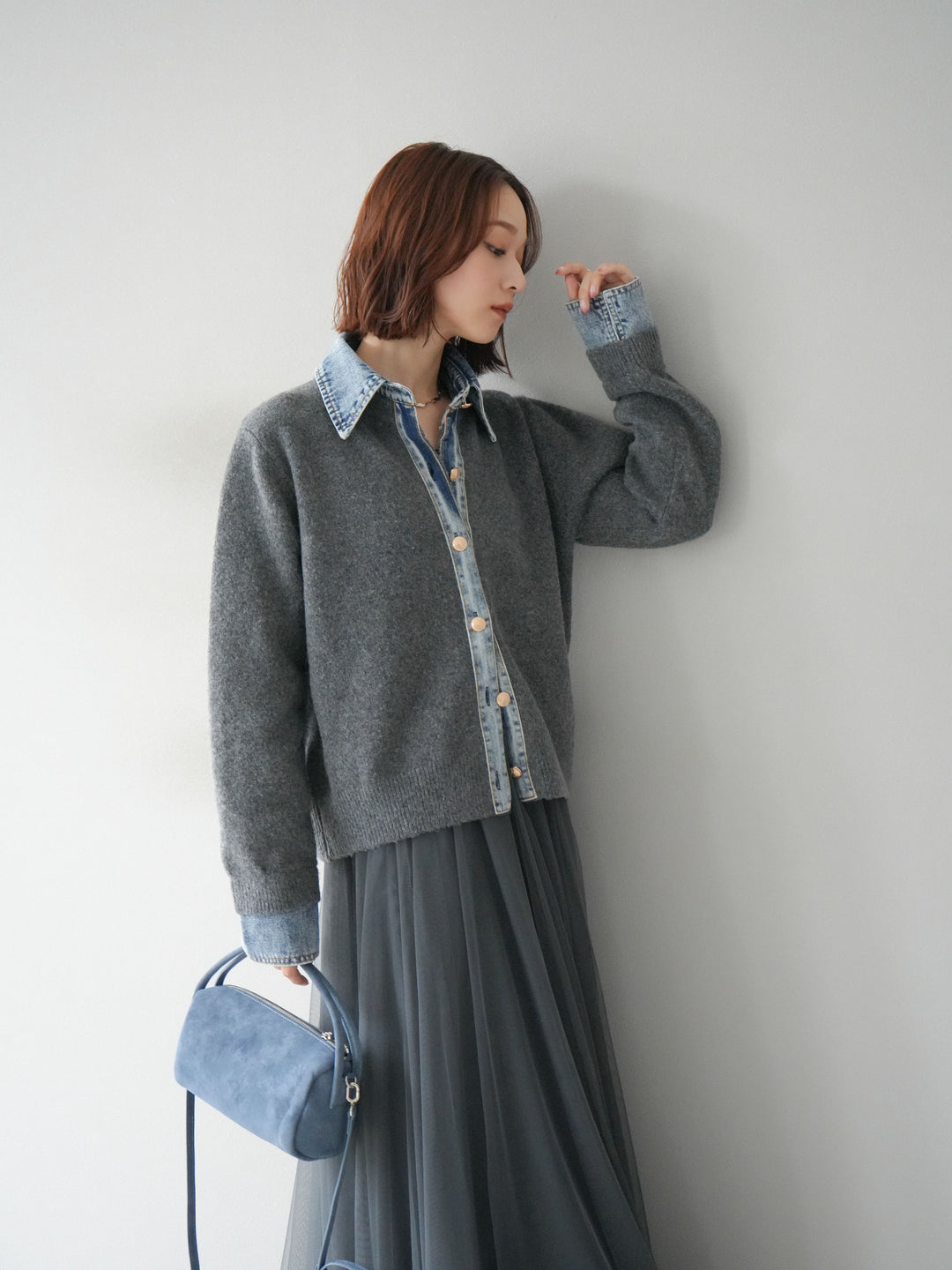 [SET]デニム襟ボタンニットカーディガン+チュールボリュームスカート(2set)