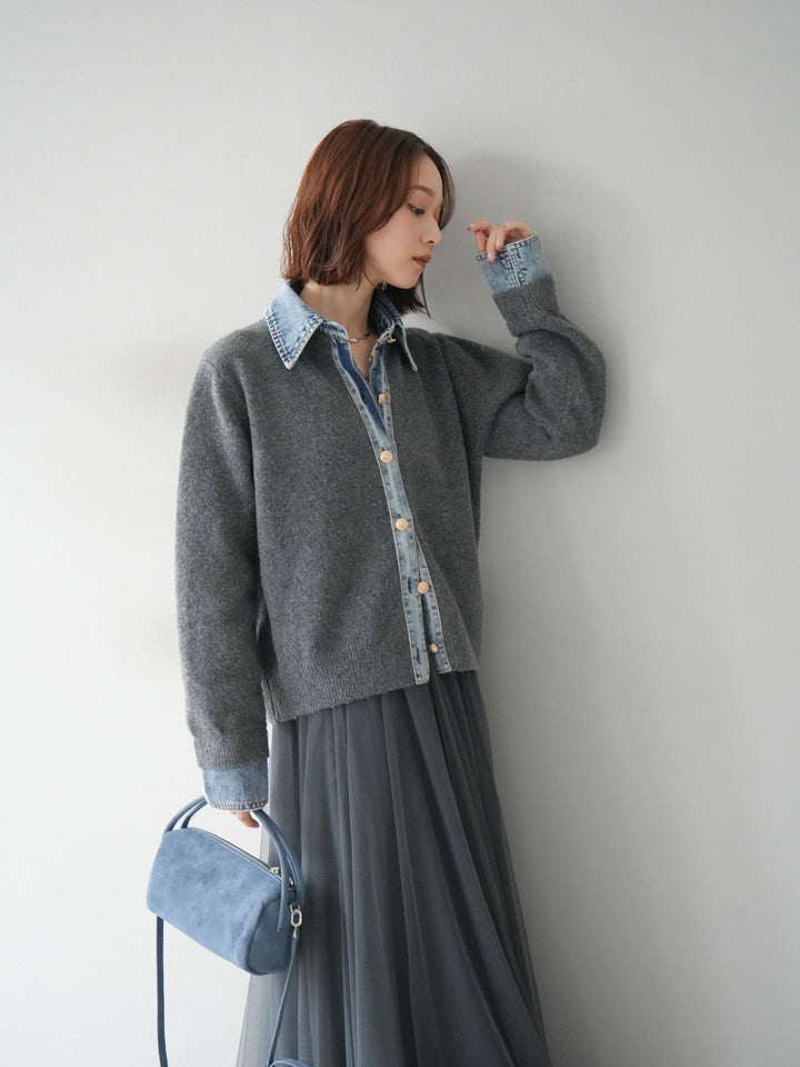 [SET]デニム襟ボタンニットカーディガン+チュールボリュームスカート(2set)