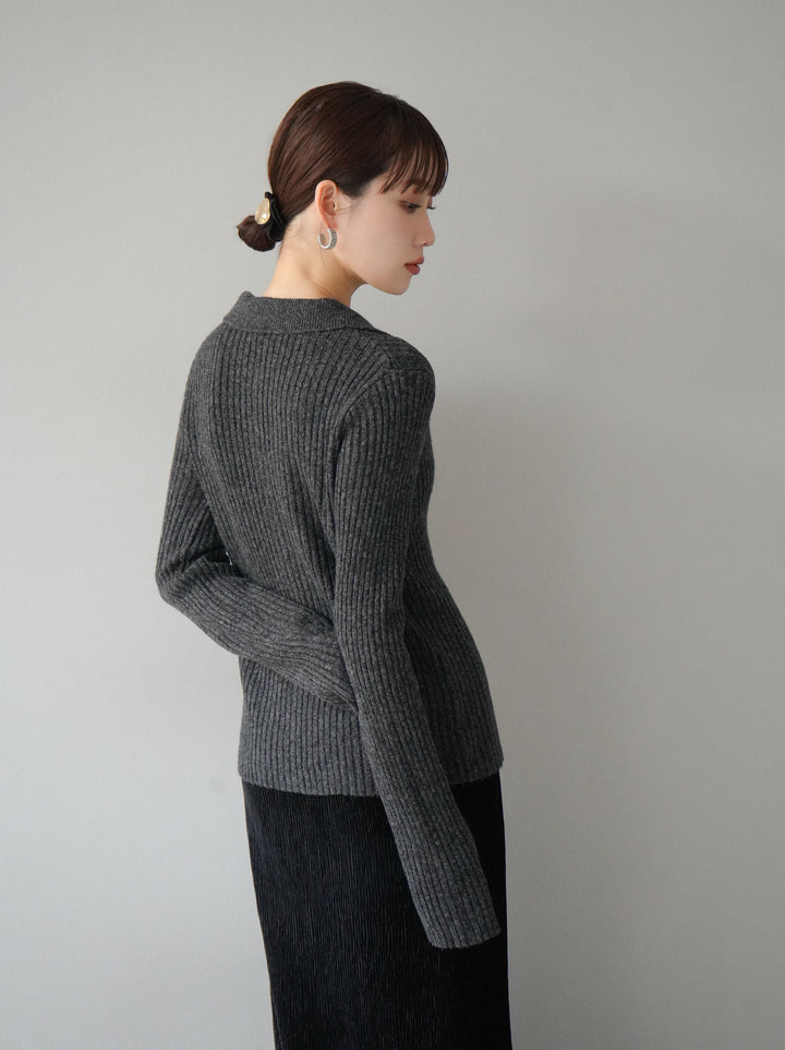 [預訂] 鉤眼細部領口針織開襟衫/炭灰