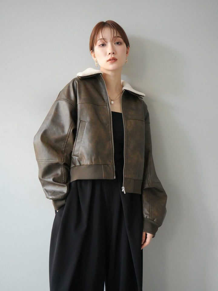 [予約]襟ボアヴィンテージレザーブルゾン/ブラウン