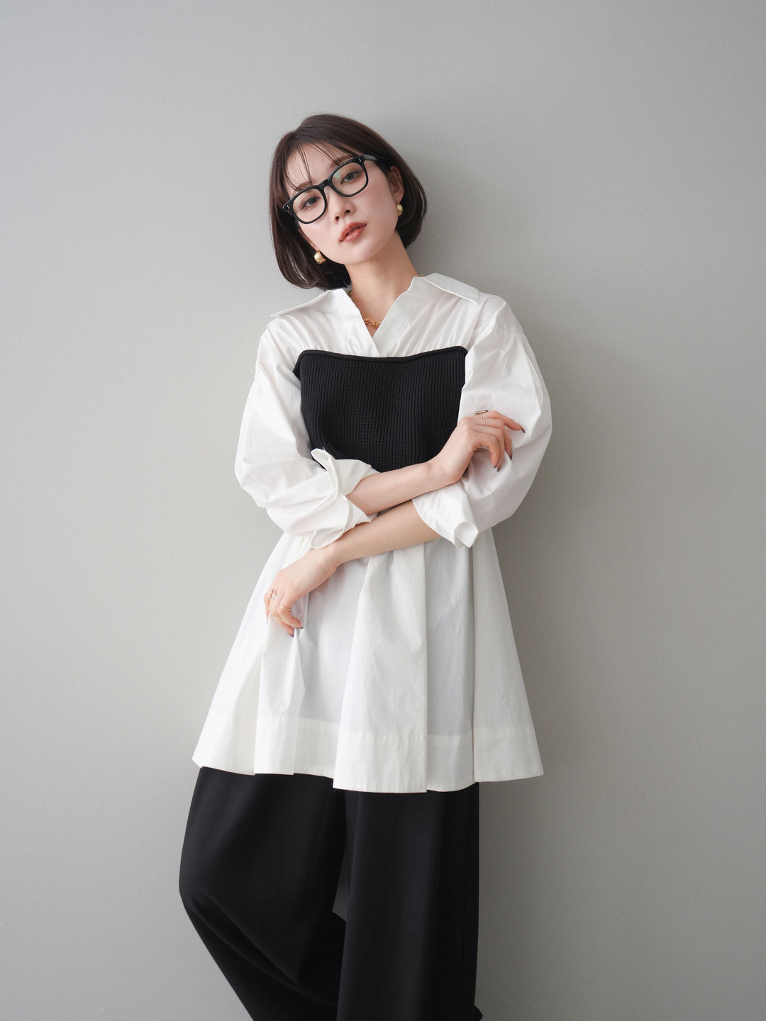 [予約]ニットビスチェドッキングフレアシャツチュニック/offwhite