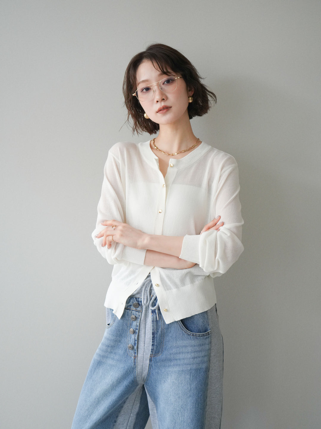 [予約]ゴールドボタンシアーニットカーディガン/offwhite