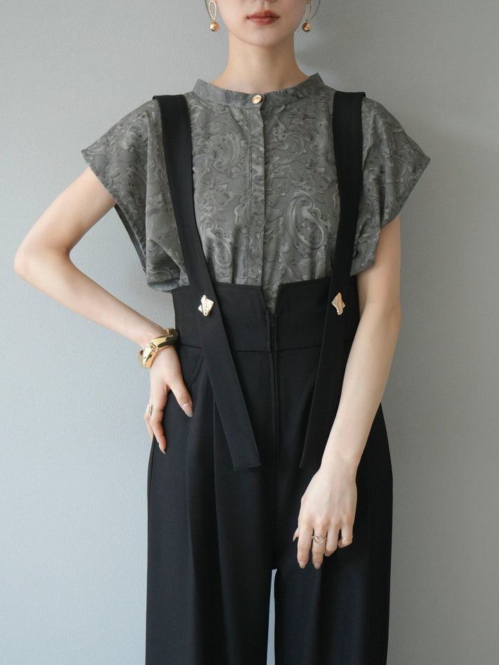 [予約]ペイズリープリントゴールドボタンブラウス/グレー