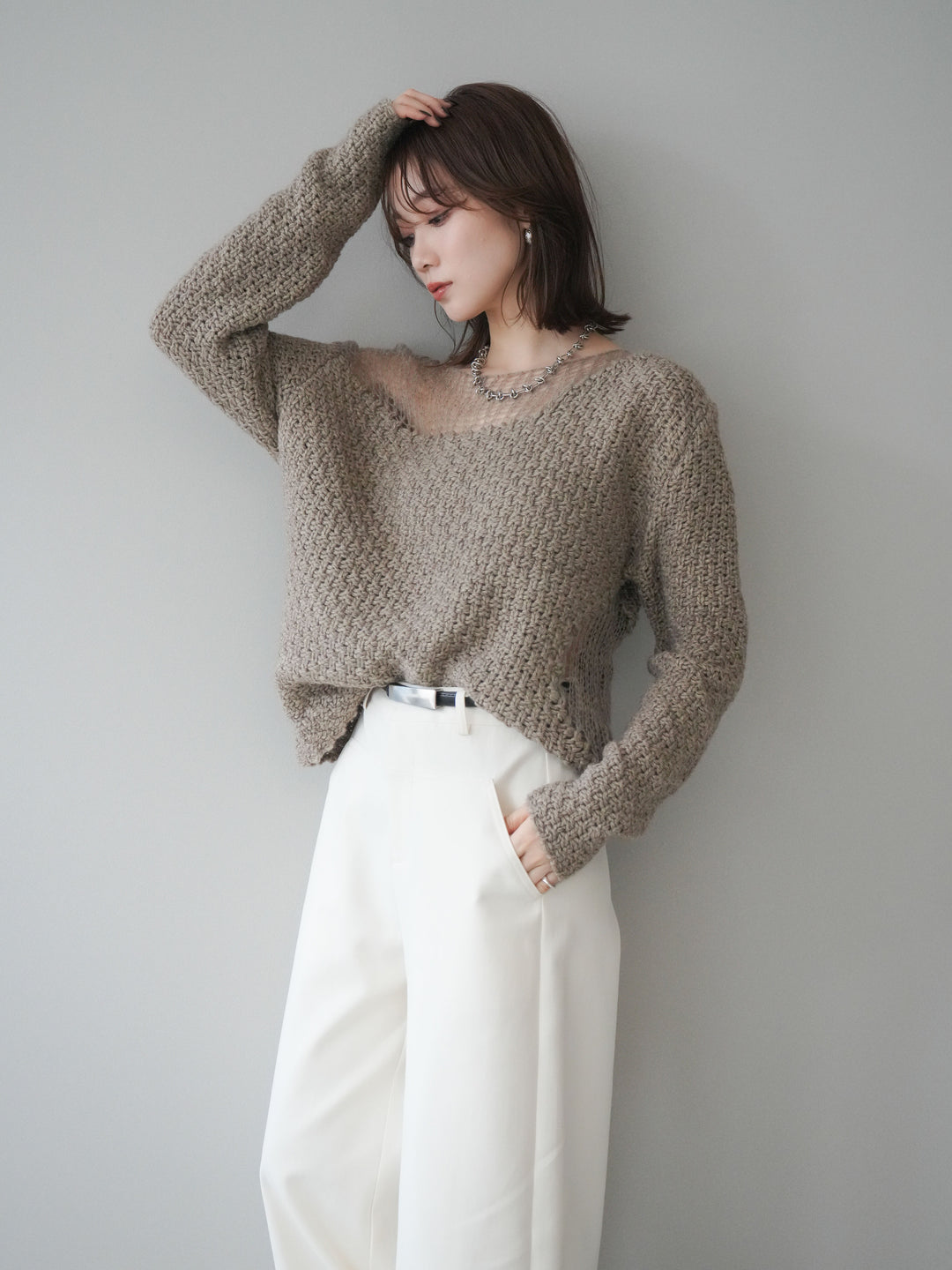 [予約]ダメージデザインニットプルオーバー/greige