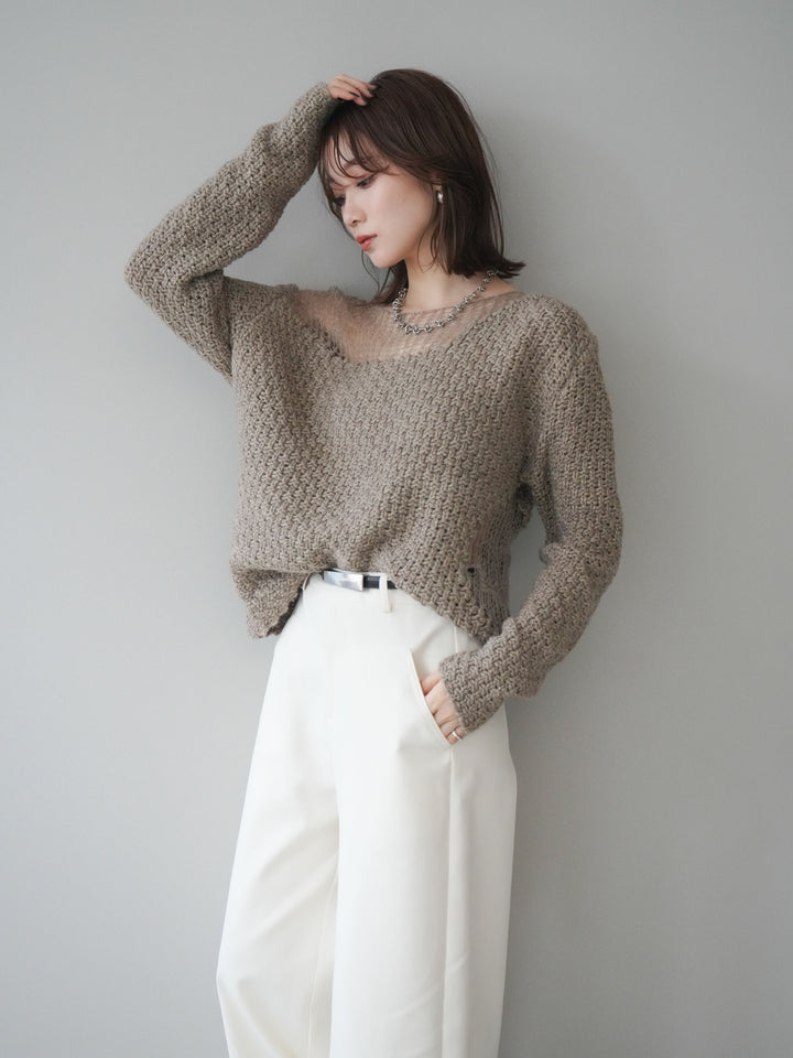 [予約]ダメージデザインニットプルオーバー/greige