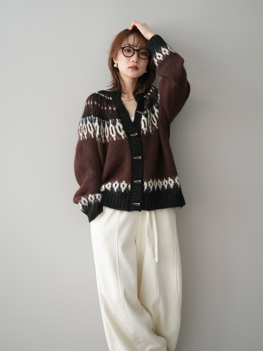 [予約]トグルボタン求心柄ニットカーディガン/brown