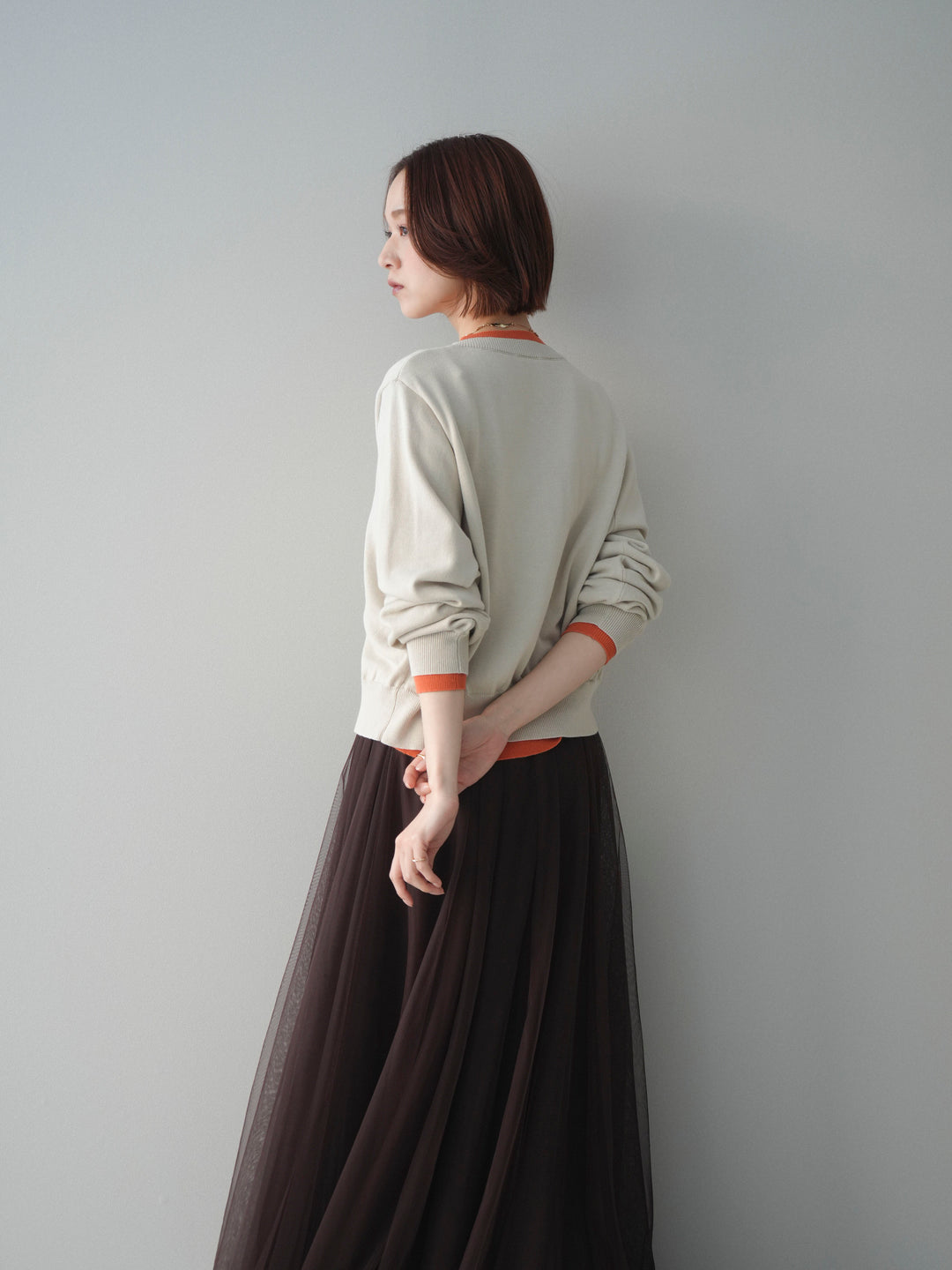 [予約]配色レイヤードコットンアクリルニットカーディガン/ivory