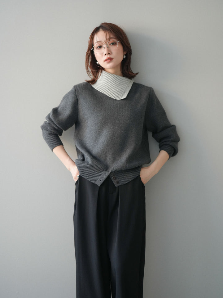 [予約]デザインネックバイカラーニットプルオーバー/charcoal