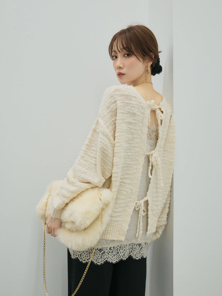 【Allure】[SET]バックリボンニュアンスブークレニットプルオーバー+サテンレースキャミソール(2set)