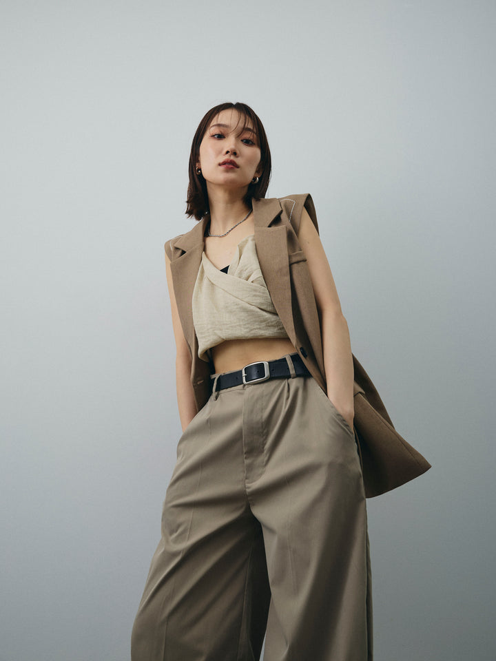 [SET]ステッチデザインベスト+リネンライクカシュクールデザインビスチェ+コクーンワイドチノパンツ(3set)