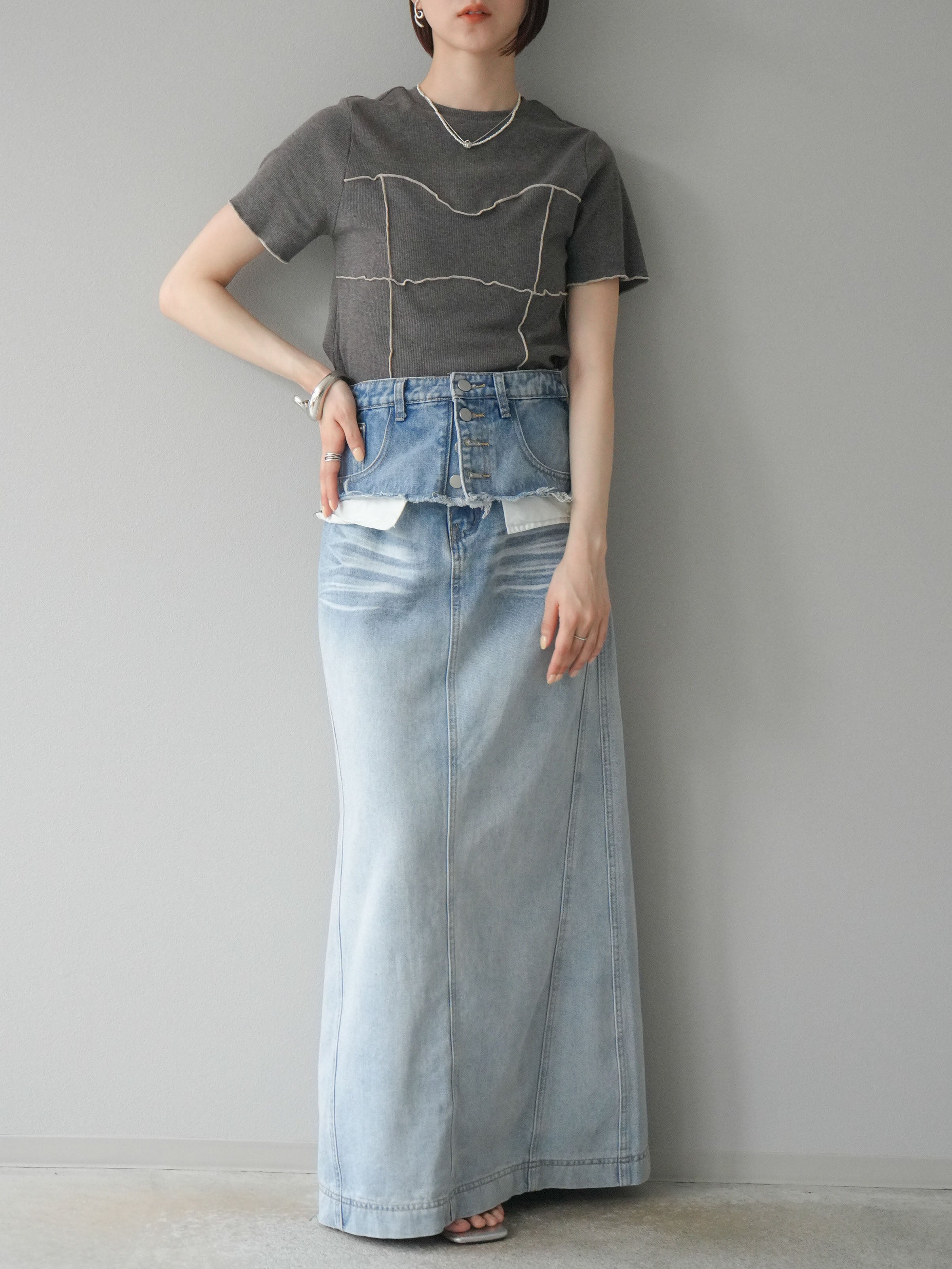 予約]配色メローリブトップス/グレー – Lumier