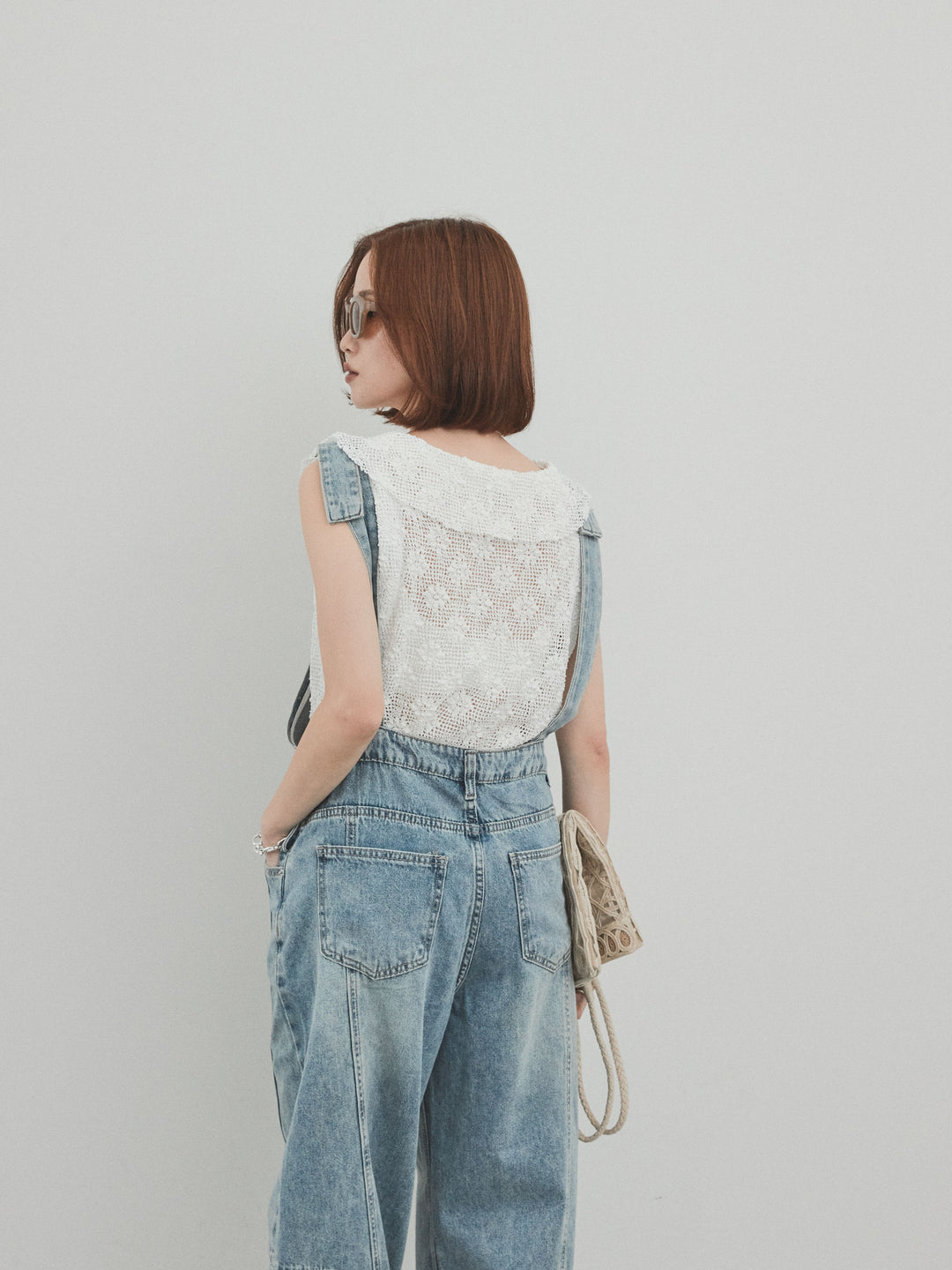 [SET]センターシームデニムサロペット +テープヤーンラッフルノースリトップス(2set)