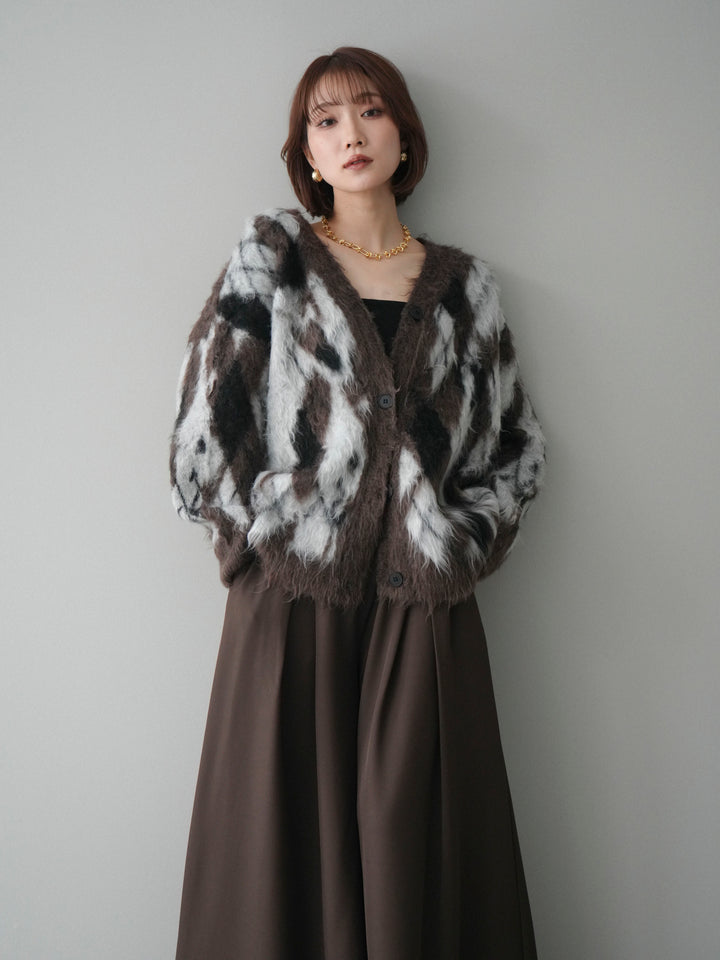 [予約]アーガイル柄シャギーニットカーディガン/brown