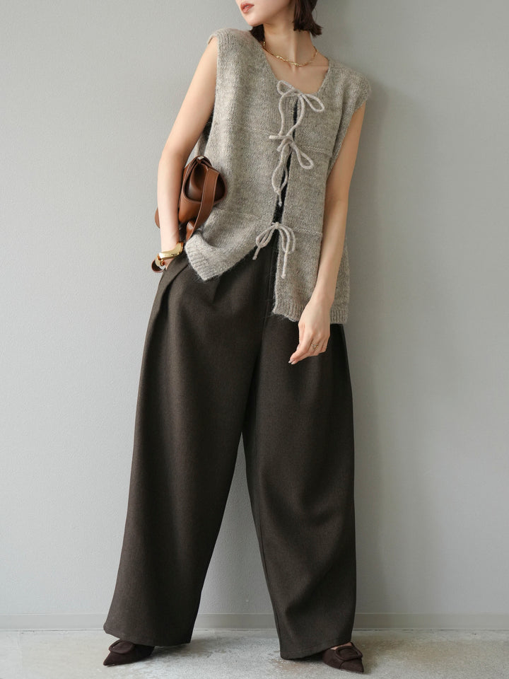 [予約]レザーパイピングタックワイドパンツ/ブラウン