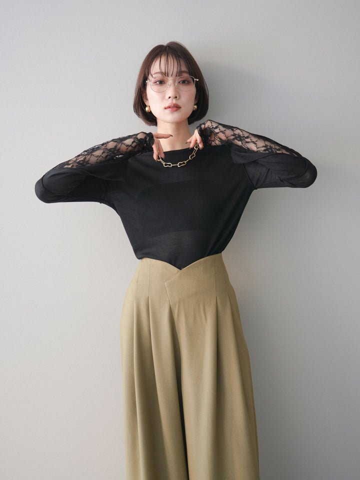 [予約]袖レースレイヤードデザインメロートップス/black