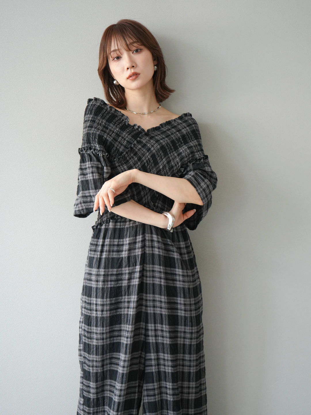 [予約]チェック柄ハーフスリーブシャーリングクロスサロペット/ブラック