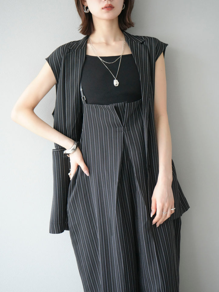 【着回しセット】[SET]ヘリンボーンストライプジレ+シアー切替ベロアトップス+ヘリンボーンストライプサロペット(3set)