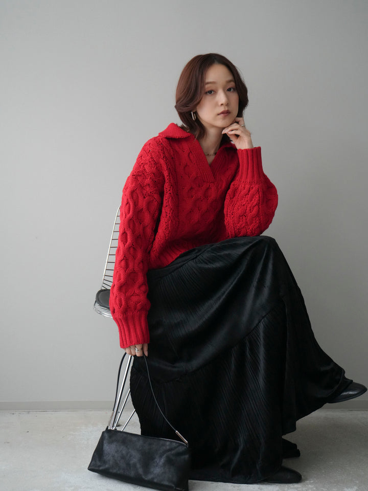 [SET]バルキーケーブルクロップド開襟プルオーバー+ベロアティアードワッシャースカート(2set)