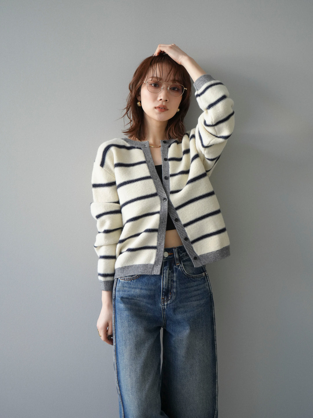[予約]配色ボーダーニットカーディガン/apricot