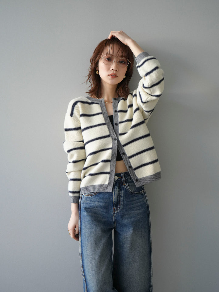 [予約]配色ボーダーニットカーディガン/apricot