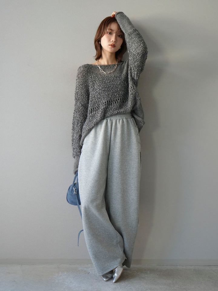 [予約]ミックスヤーンデザイン編みメッシュニットプルオーバー/グレー