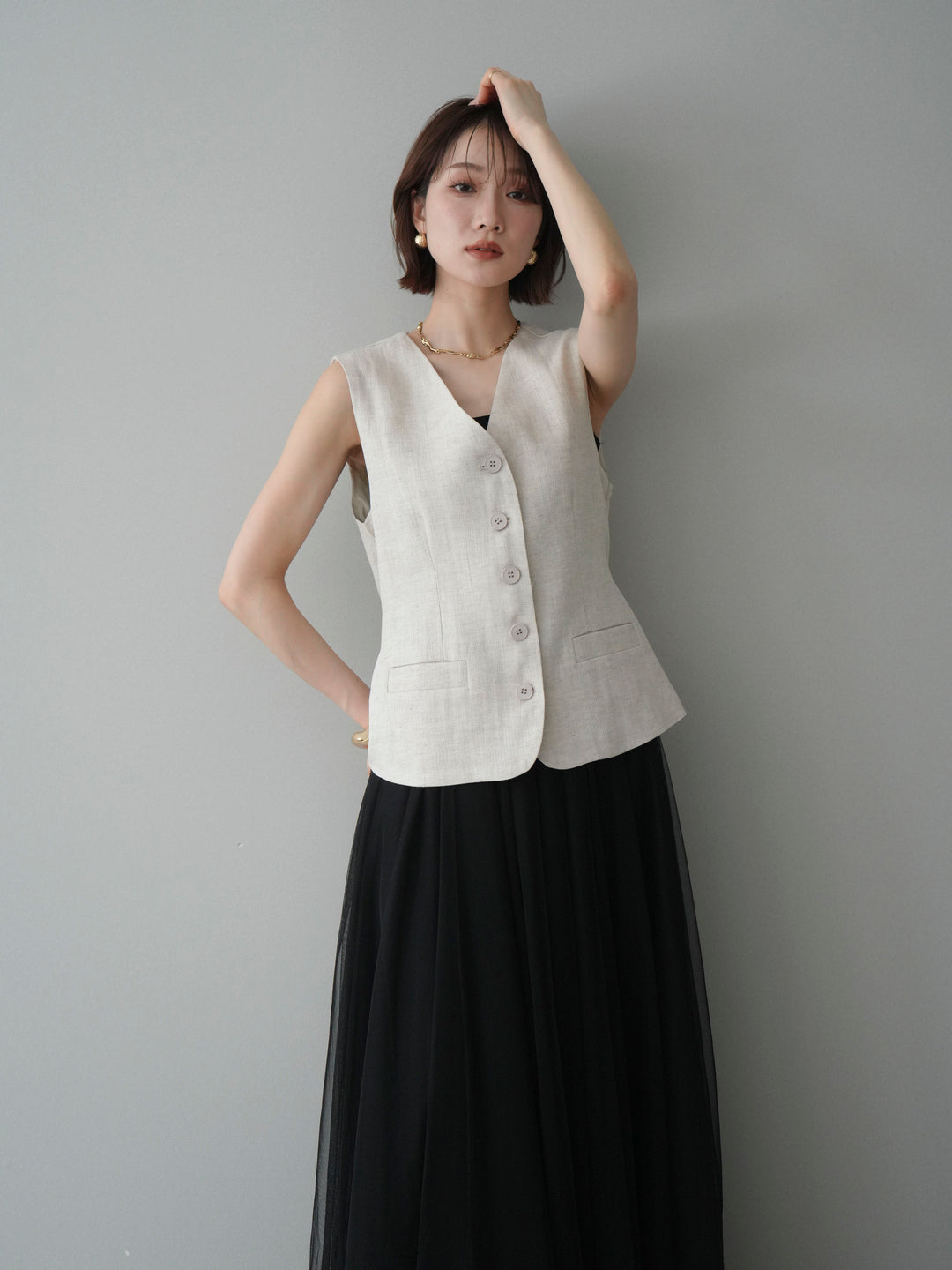 [予約]リネンタッチVネックジレ/ivory