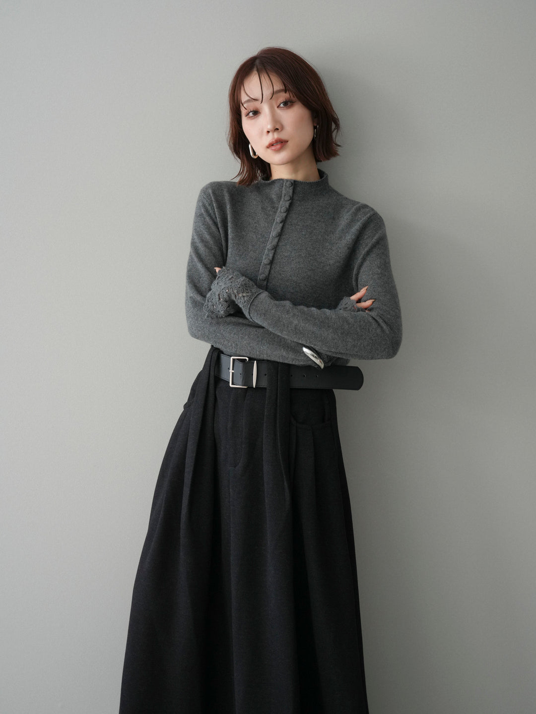 [SET]袖スカラップレースフロントボタンウールニットトップス+袖スカラップレースフロントボタンウールニットトップス(2set)