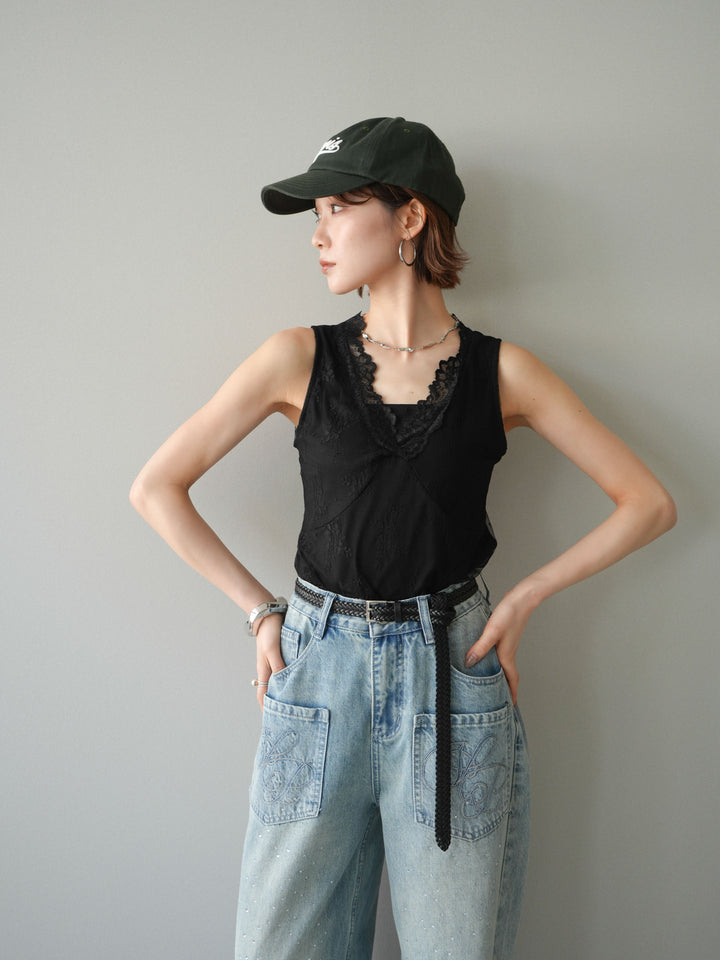 [予約]シアーストレッチレースノースリーブトップス/black