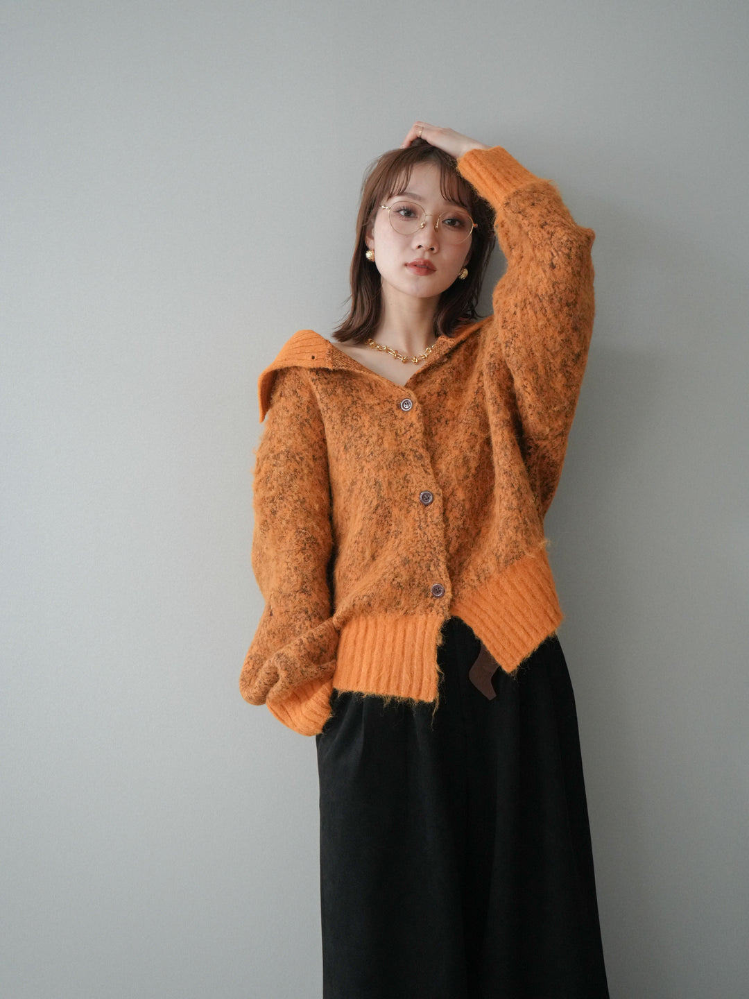 [予約]リブ切替メランジニットカーディガン/orange